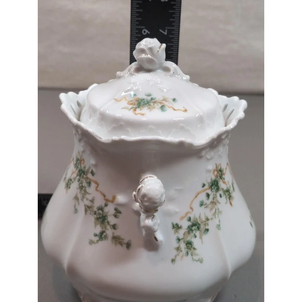 Antique Hermann Ohme Eglantine Porcelain Covered Sugar Bowl Germany Floral Gold